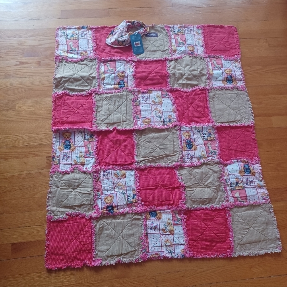 Handmade Reversible Quilted Rag Patchwork Blanket Bedding Play Mat Bear Pattern